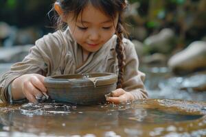 A little girl is holding a bowl of water photo