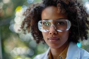 A woman wearing glasses and a lab coat photo