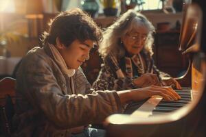 A woman and a boy playing the piano together photo