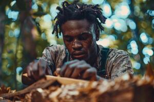 A man with dreadlocks is working on a piece of wood photo