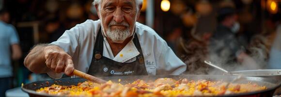 An older man cooking food in a pan photo
