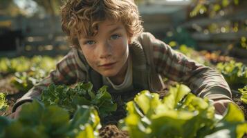 A young boy is laying on the ground in a garden photo