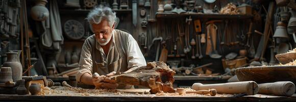 An old man working on a wooden object in a workshop photo