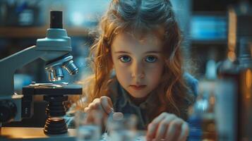 A young girl looking at a microscope photo
