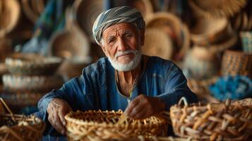 An old man sitting in front of baskets photo