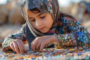 A young girl in a headscarf is working on a mosaic photo