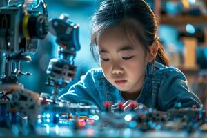 A young girl is working on a robot photo
