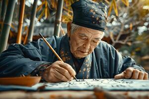 An old man in a traditional chinese outfit is writing on a piece of paper photo