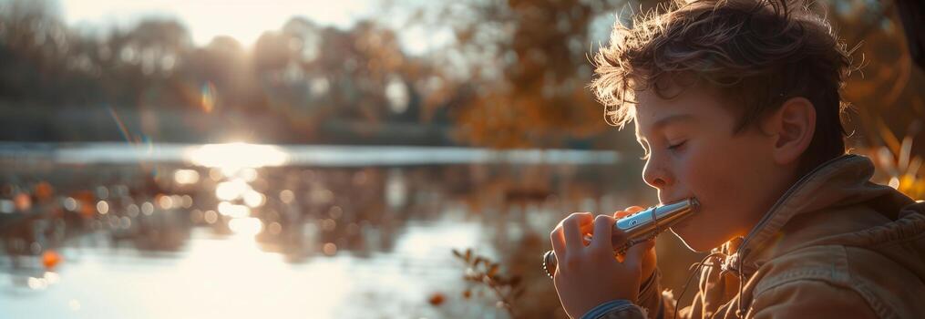 A boy playing a flute by the water photo
