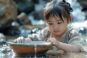 A little girl playing with a bowl of water photo