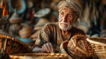 An old man sitting in front of baskets photo