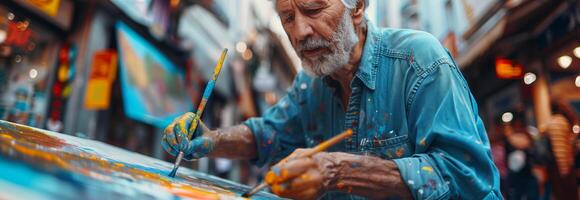 An old man painting with a paintbrush photo