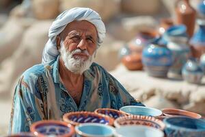 An old man sitting in front of many pots photo