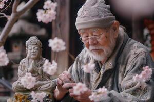 An old man sitting next to a statue of a buddha photo