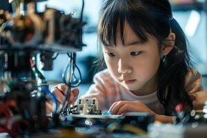A young girl is working on a computer photo