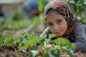 A young girl in a headscarf is kneeling in the dirt photo