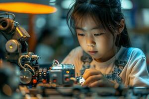 A young girl is working on a robot photo