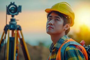 A young man in a hard hat and safety vest is looking up at the camera photo