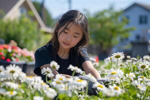 A young girl is picking daisies in a garden photo