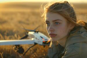 A woman sitting in a field with a small plane photo