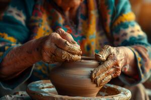 An old woman is making a pot on a potter's wheel photo