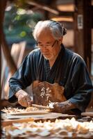 An older man is making food in a japanese style photo