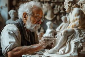 An old man is working on a statue in a workshop photo