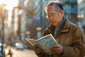 An older man is reading a map on the street photo