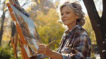 An older woman is painting in the park photo