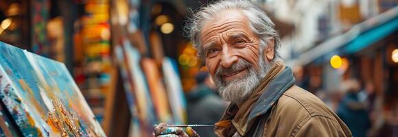 An older man is smiling while holding a paintbrush photo