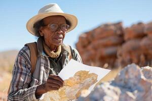 An older man with a hat and glasses is looking at a map photo