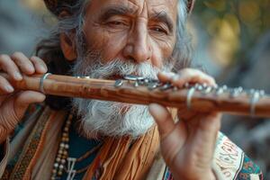 An old man with a long beard and a flute photo