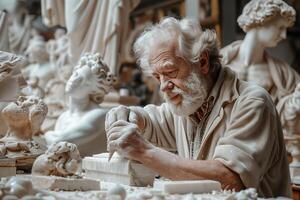 An older man working on a sculpture in a workshop photo