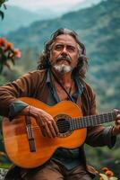A man with long hair and beard playing guitar photo