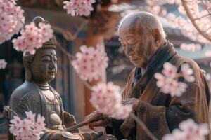 An old man is looking at a buddha statue photo