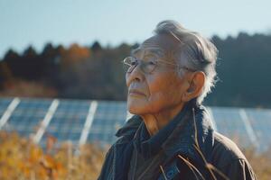 An older man standing in front of solar panels photo