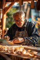 An old man is working on a wooden shoe photo
