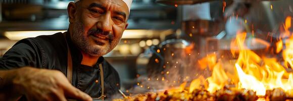 A man cooking food on a grill photo