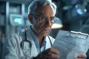 An older man in a white coat is reading a document photo