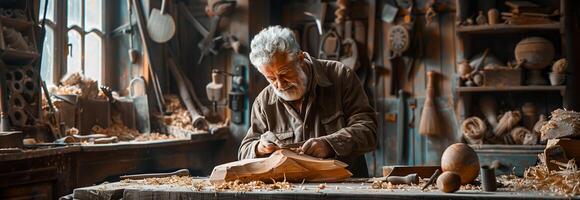 An old man is working on a wooden object in his workshop photo