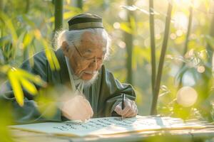 An old man writing in a bamboo forest photo