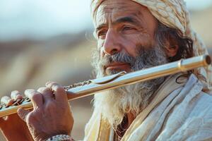 An old man with a white beard playing a flute photo