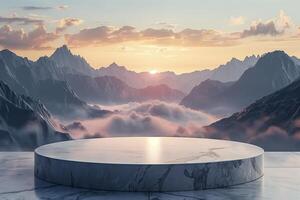 A marble pedestal in front of a mountain range photo