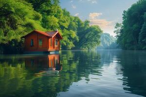 A small houseboat floating on the water photo