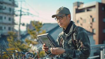 A man in a hat and glasses holding a tablet photo