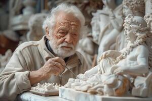 An elderly man is working on a statue photo