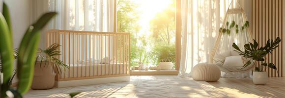 A baby's room with a crib, plants and a window photo