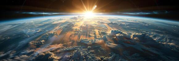 The earth from space with the sun rising over it photo