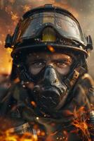 A man in a gas mask and helmet is in flames photo