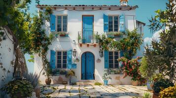 A house with blue shutters and flowers on the front photo